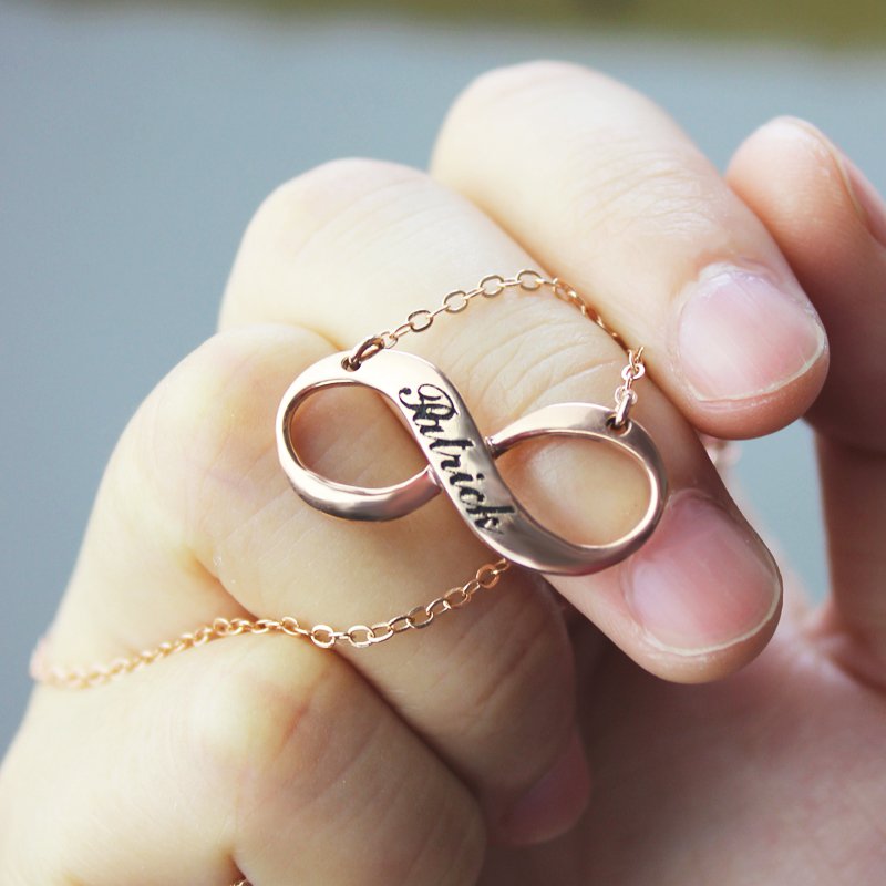 Rose gold plated engraved infinity necklace product view