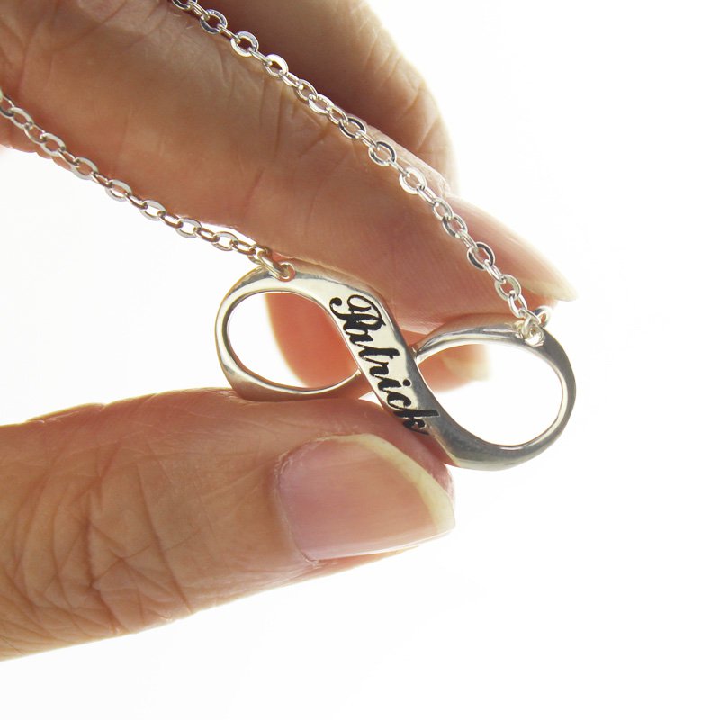 Engraved Name Infinity Necklace Sterling Silver Engraved name infinity necklace in sterling silver