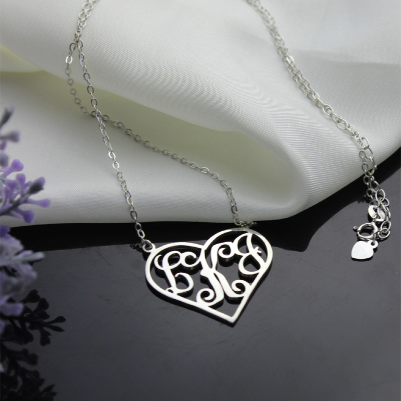 Solid white gold heart initial monogram necklace alternate view