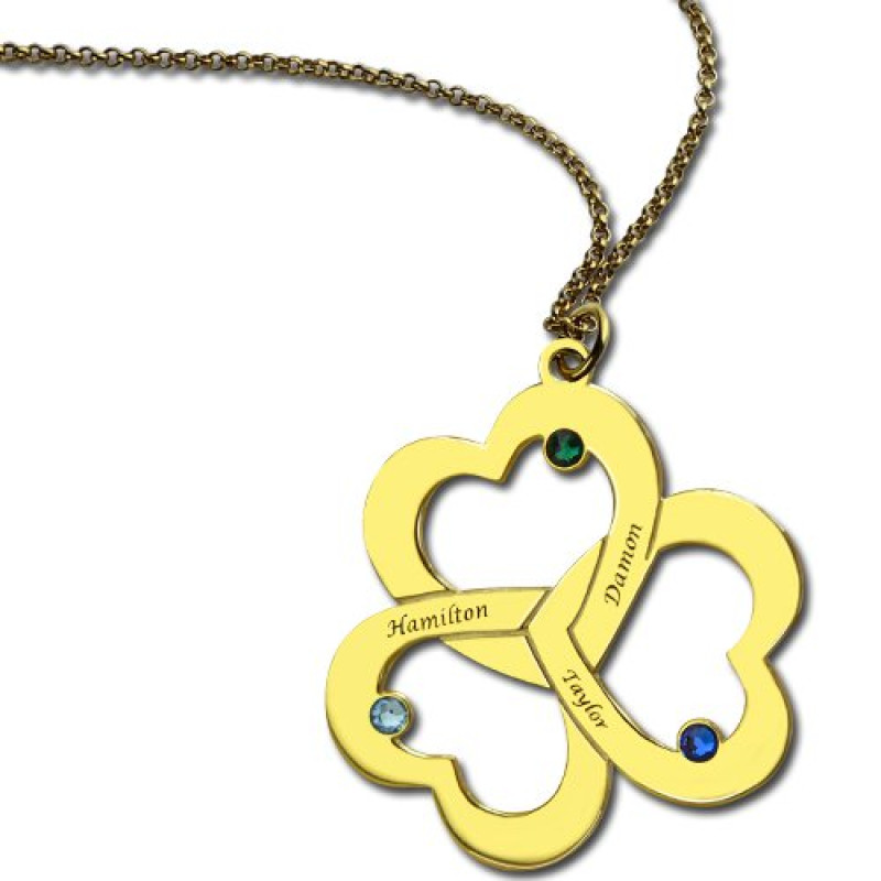 Birthstone triple heart engraved name necklace