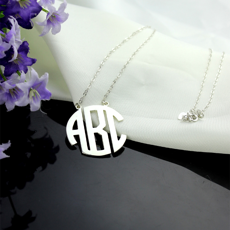 18ct solid white gold block initial monogram pendant necklace