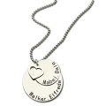 Silver family pendant necklace with stacked engraved discs and heart detail