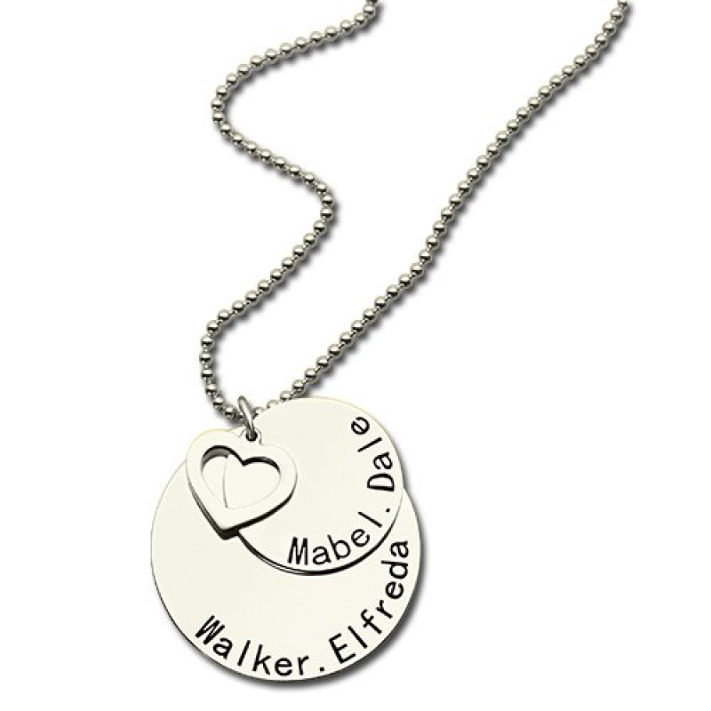 Silver family pendant necklace with stacked engraved discs and heart detail