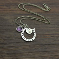 Horseshoe Initial Pendant Necklace Sterling silver horseshoe pendant with initial disc charm