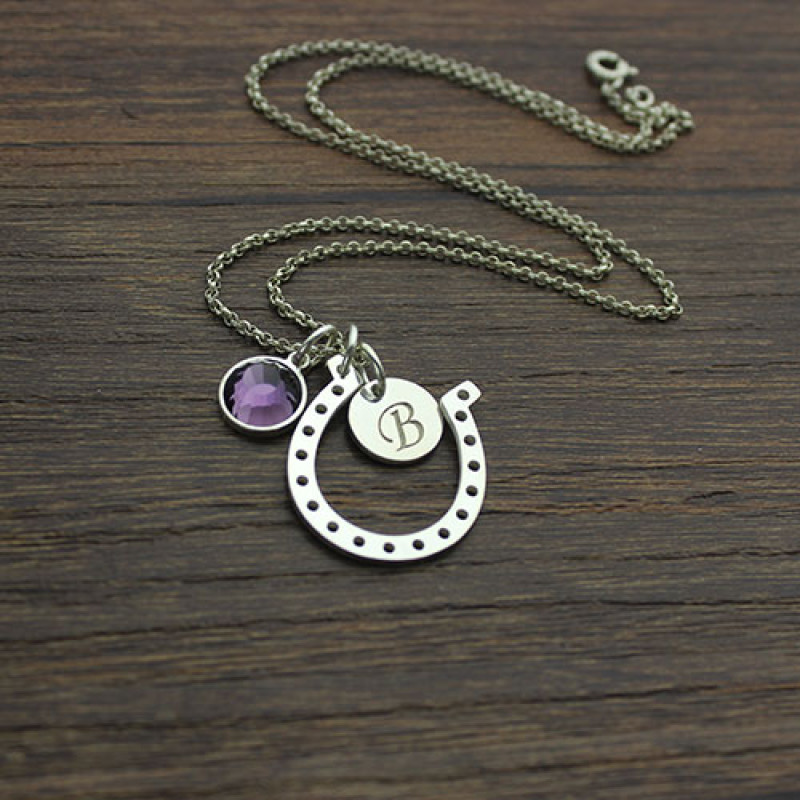 Horseshoe Initial Pendant Necklace Sterling silver horseshoe pendant with initial disc charm