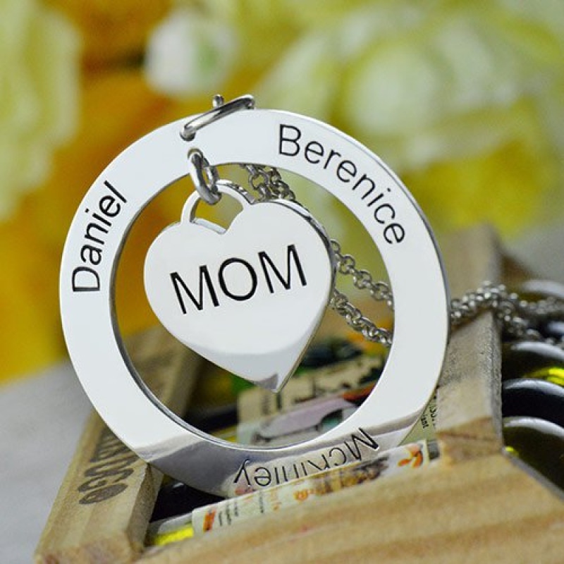 Personalised family names necklace with Mom heart dangle