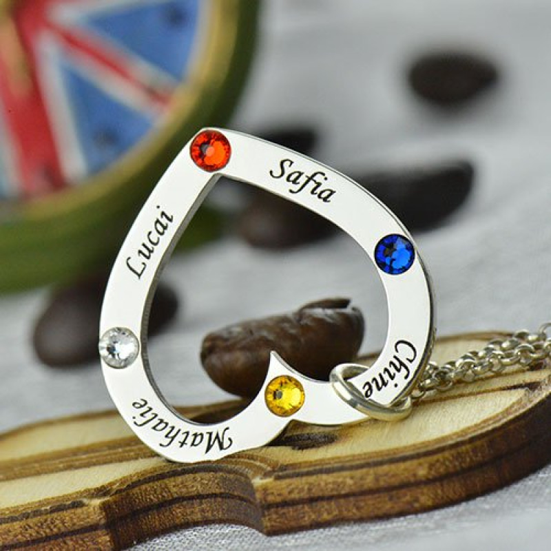 Sterling silver mother heart birthstone necklace