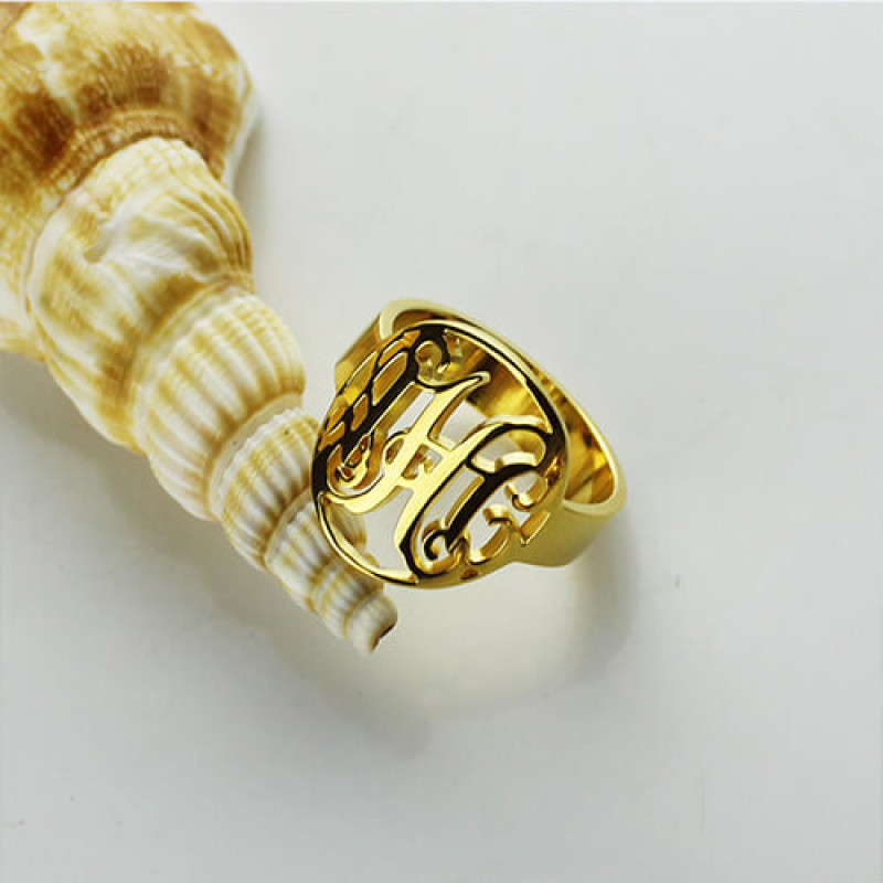 Custom circle cut-out monogrammed ring close-up
