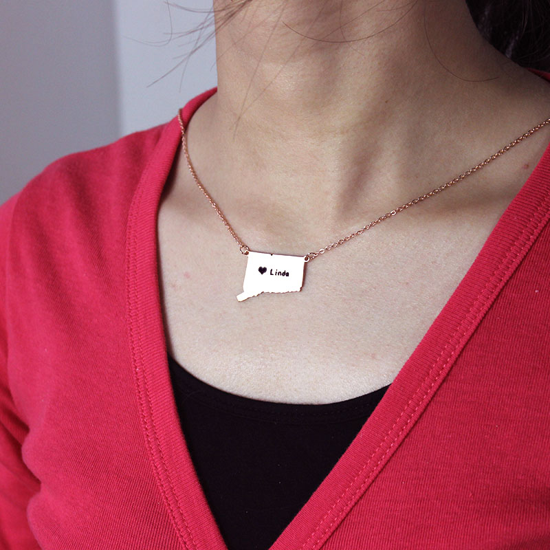 Connecticut Heart Name Necklace View Connecticut state-shaped heart name necklace product view