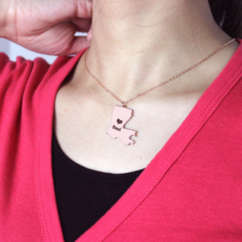 Custom Louisiana State Shaped Necklaces With Heart Name Rose Gold Custom Louisiana State Shaped Necklaces With Heart Name Rose Gold