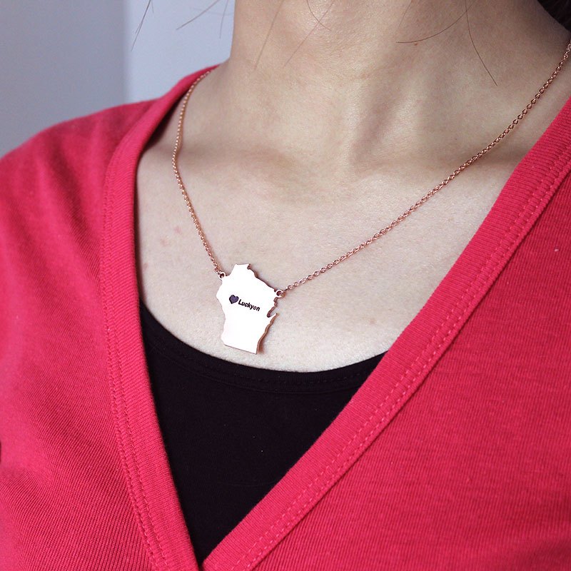 Custom Wisconsin state-shaped name necklace product image