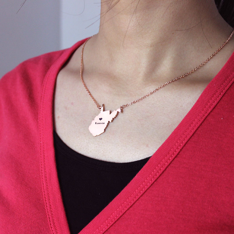 West Virginia state-shaped heart name necklace detail