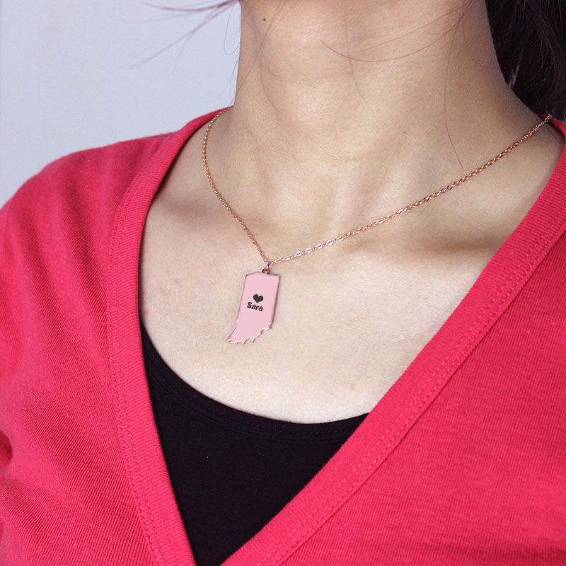 Personalised Indiana State Necklace Indiana state-shaped personalised heart name necklace