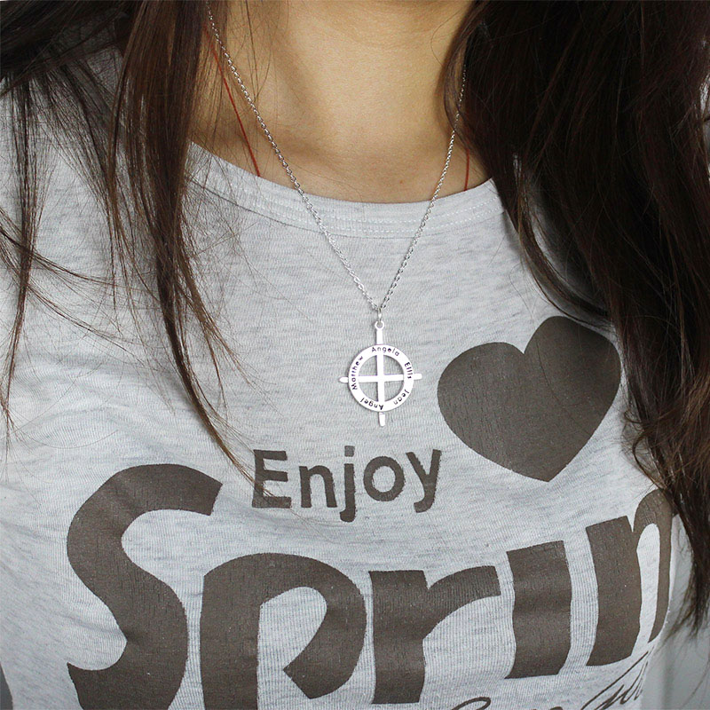 Silver Circle Cross Name Necklace View of the personalised silver circle cross name necklace