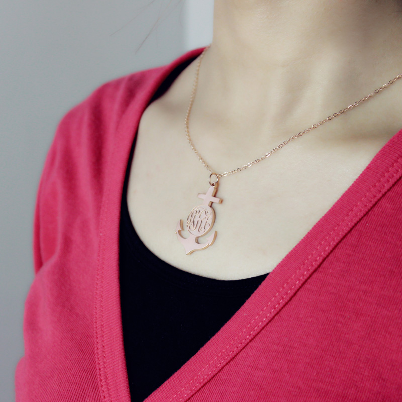 Rose Gold Anchor Cross Monogram Initial Pendant Detail Rose Gold Anchor Cross Monogram Initial Pendant detail view