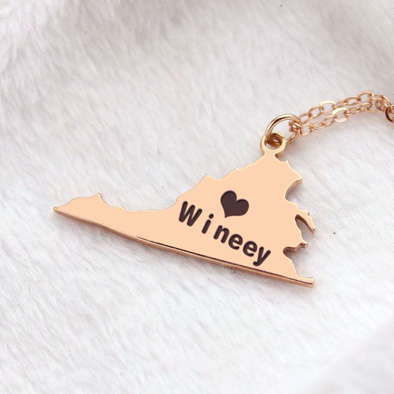 Virginia state map heart name necklace detail view
