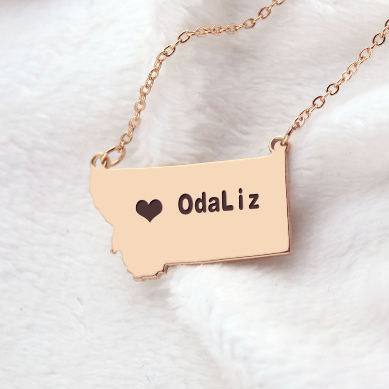 Rose Gold Montana state-shaped name necklace