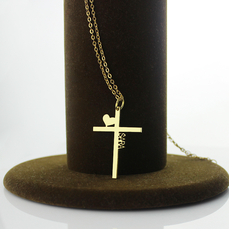Personalised cross name necklace with heart detail, product view
