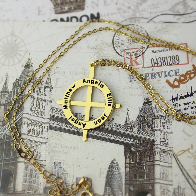Personalised circle cross pendant with name engraving