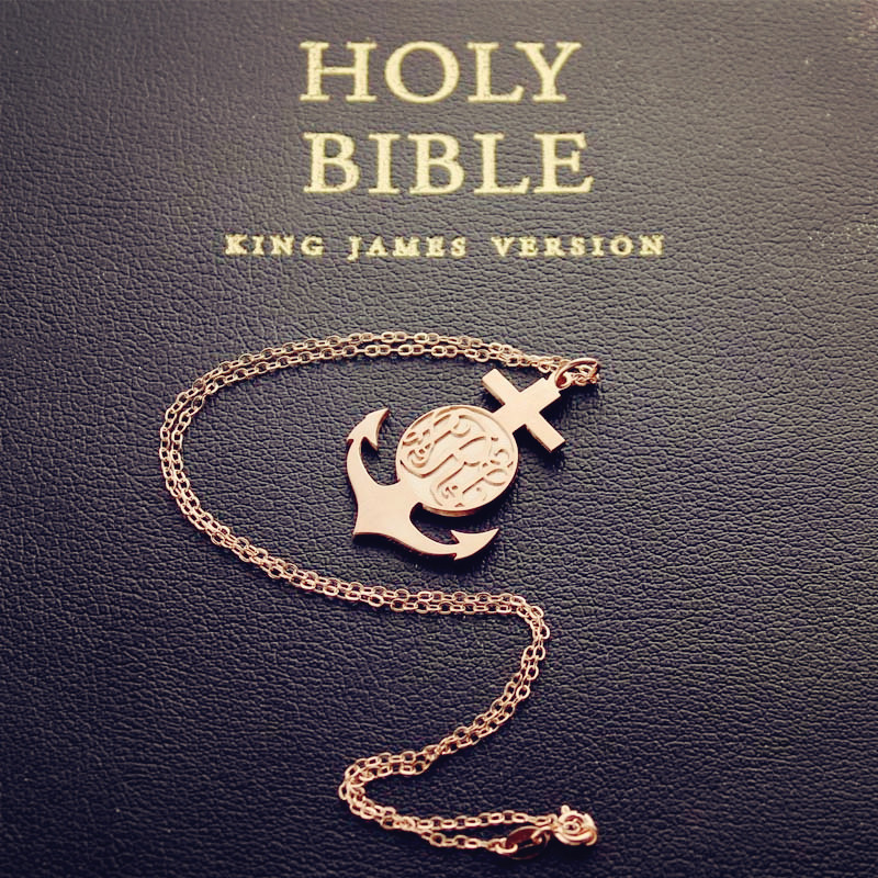 Rose Gold Anchor Cross Monogram Initial Pendant Close-Up Rose Gold Anchor Cross Monogram Initial Pendant close-up