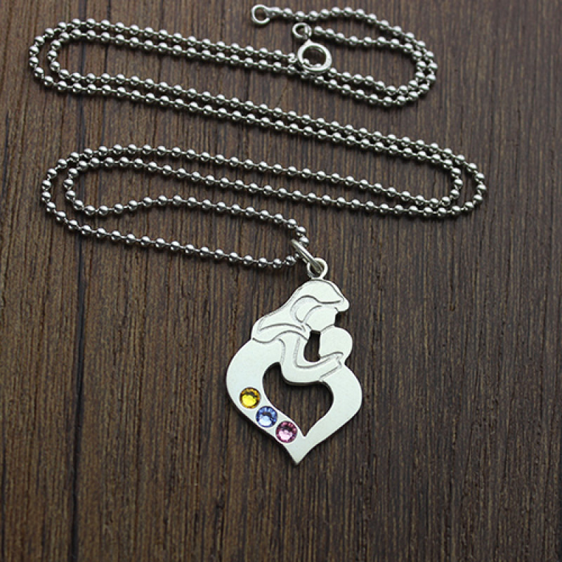 Personalised mother and child heart birthstone necklace