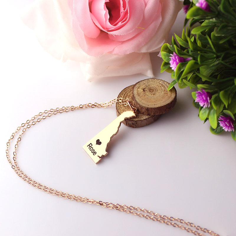 Delaware State Necklace Detail Custom Delaware state-shaped heart name necklace detail