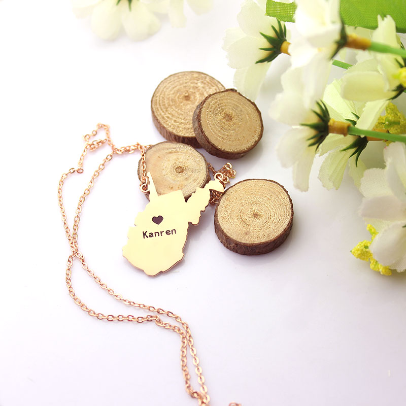 West Virginia state-shaped name necklace with heart detail