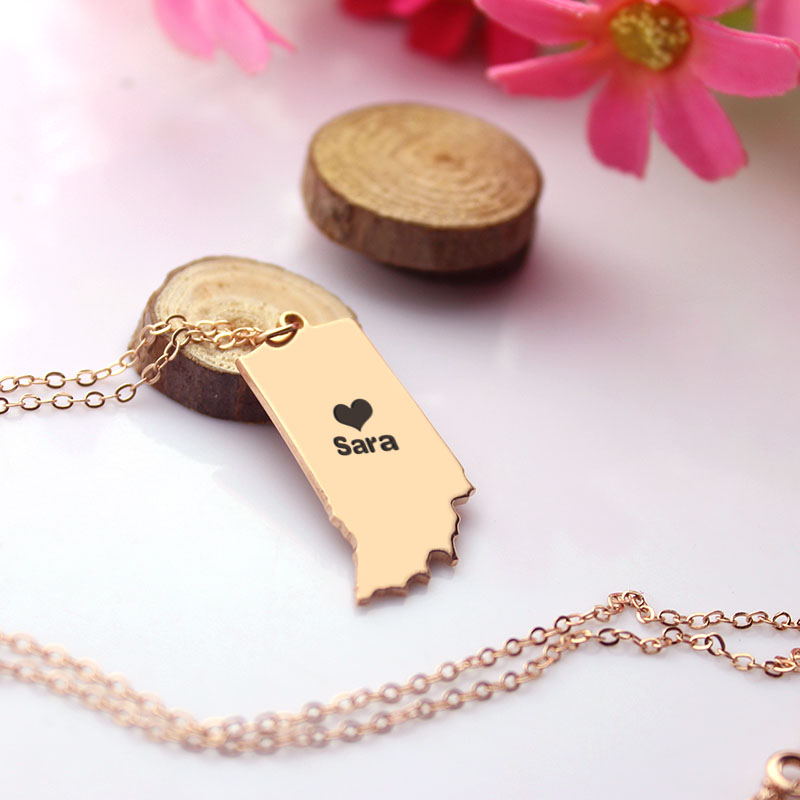 Rose Gold Indiana Name Necklace Rose gold Indiana state necklace with heart and name detail