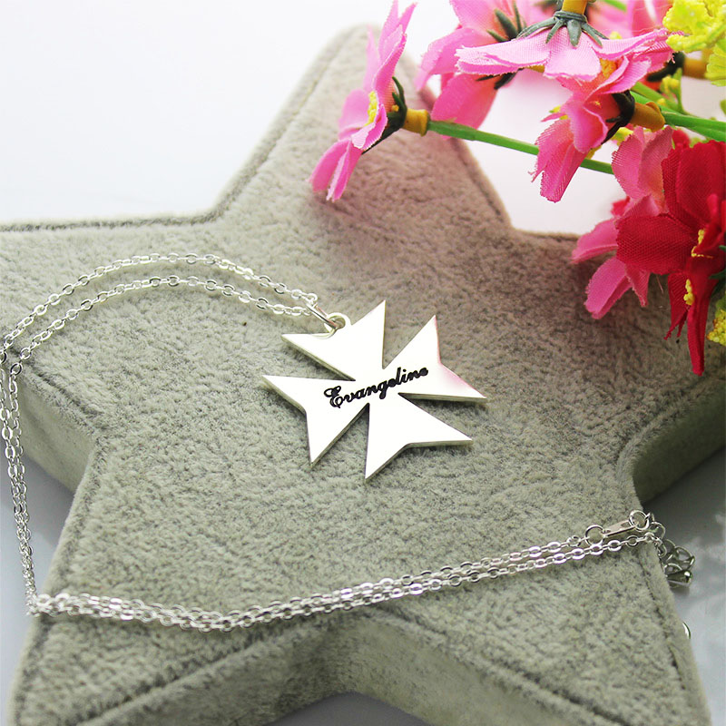 Silver Maltese cross name necklace detail view