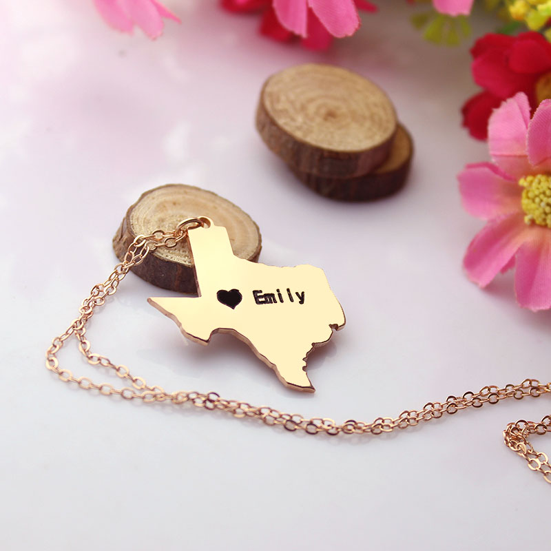 Texas state map heart name necklace in rose gold