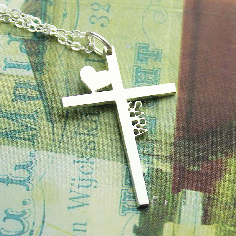 Personalised Cross Name Necklace with Heart Personalised cross name necklace with heart