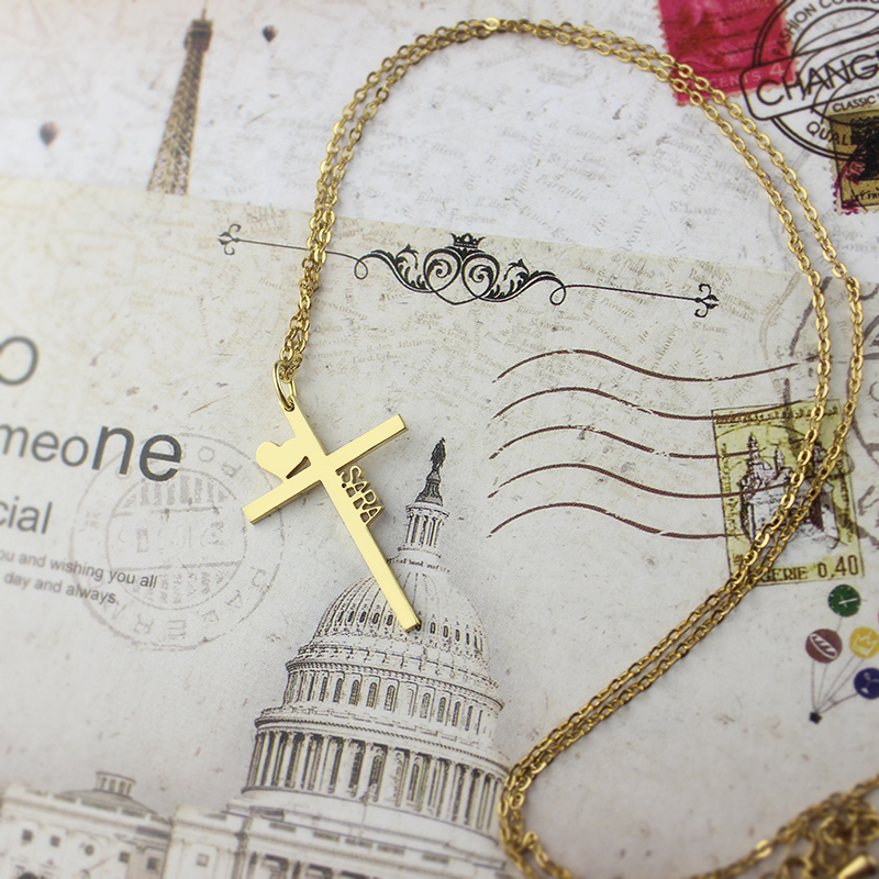 Personalised cross name necklace with heart detail, product view