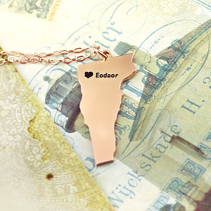 Custom Vermont state map heart name necklace view