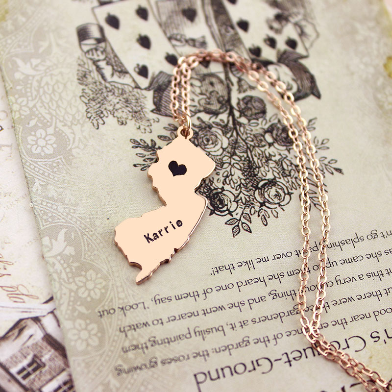 Custom New Jersey state-shaped heart name necklace product image