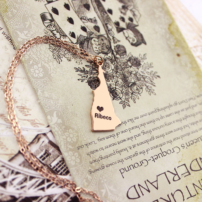 Rose Gold New Hampshire Name Necklace Rose gold New Hampshire state-shaped heart name necklace