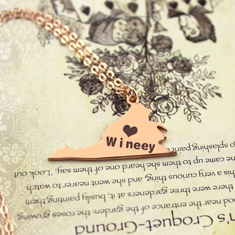 Virginia state map heart name necklace alternate view
