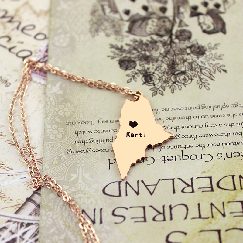 Heart detail on custom Maine state necklace