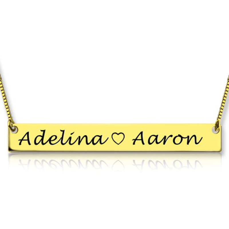 Personalised gold bar necklace engraved with two names