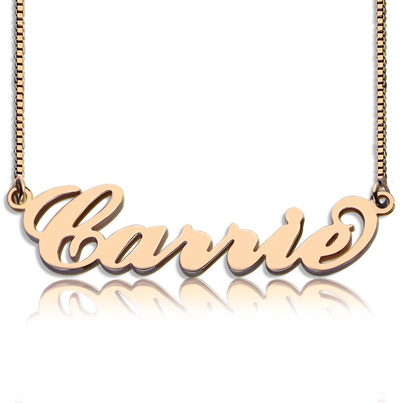 Carrie Name Necklace with Box Chain in Rose Gold Plated Finish Carrie personalised name necklace in 18ct rose gold plated finish with box chain