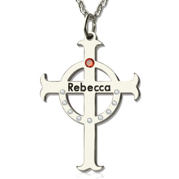 Personalised Circle Cross Necklaces with Birthstone Name Silver
