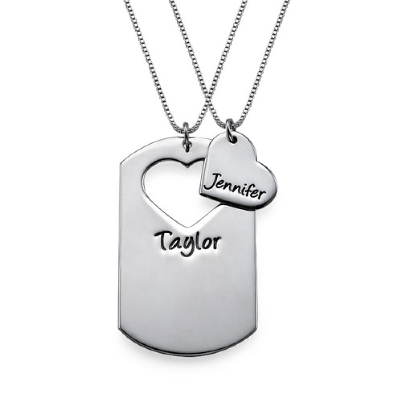 Personalised Couples Dog Tag Heart Necklace Personalised couples dog tag necklace with cut-out heart