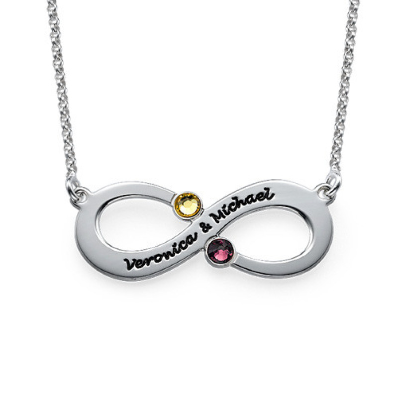 Couple's Infinity Necklace with Birthstones Couple's infinity necklace with engraved names and birthstones