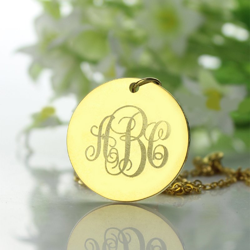 Personalised disc script monogram necklace with round engraved pendant