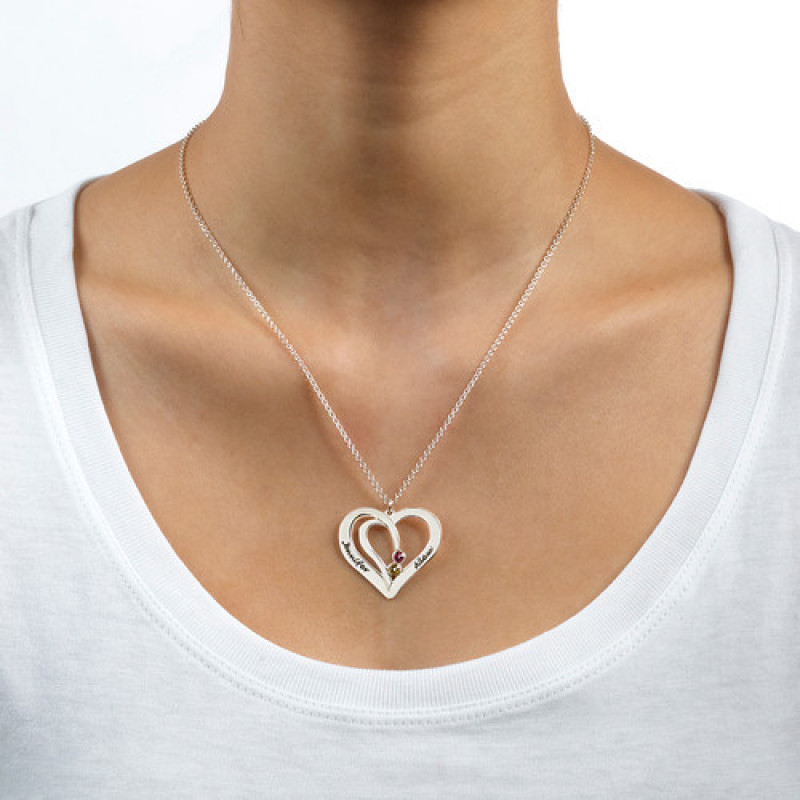 Engraved Couples Birthstone Necklace in Silver Engraved couples birthstone necklace in silver