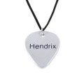Engraved Guitar Pick Necklace Engraved guitar pick necklace with a black leather-style cord