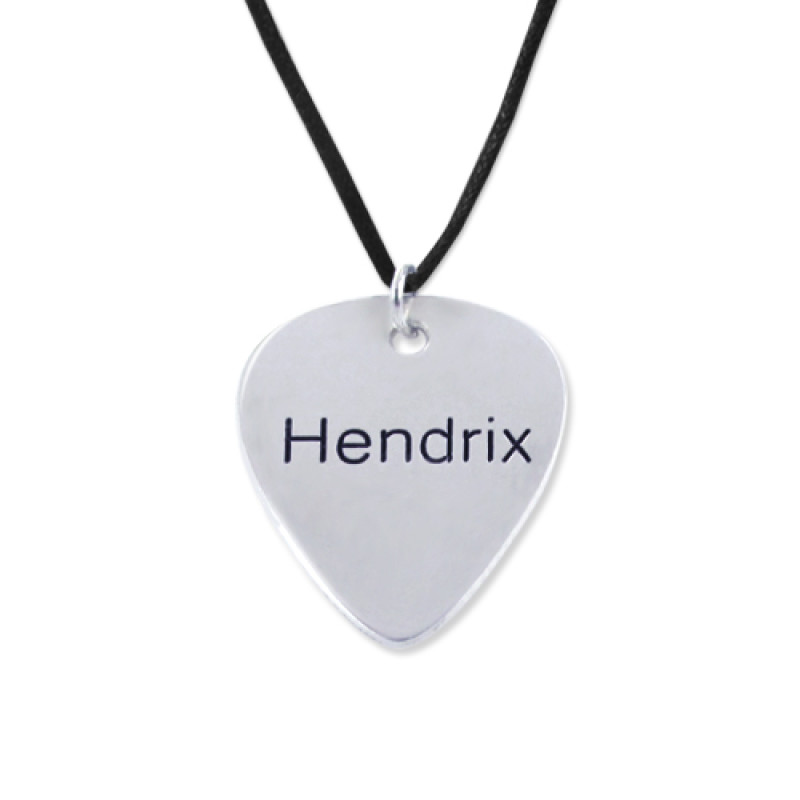 Engraved Guitar Pick Necklace Engraved guitar pick necklace with a black leather-style cord