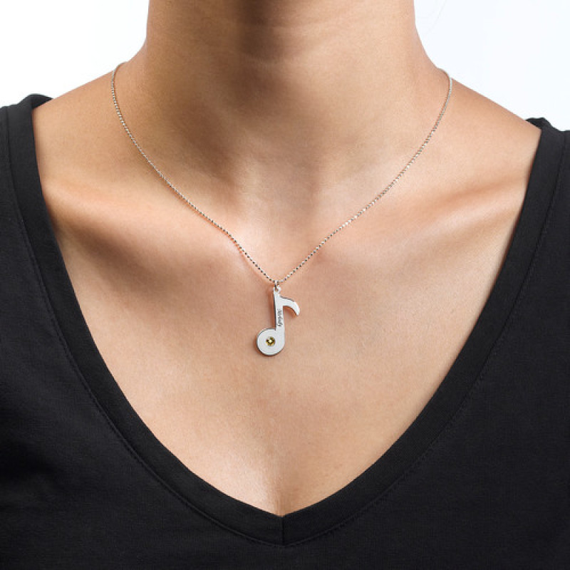 Engraved sterling silver music note necklace with optional birthstone crystal