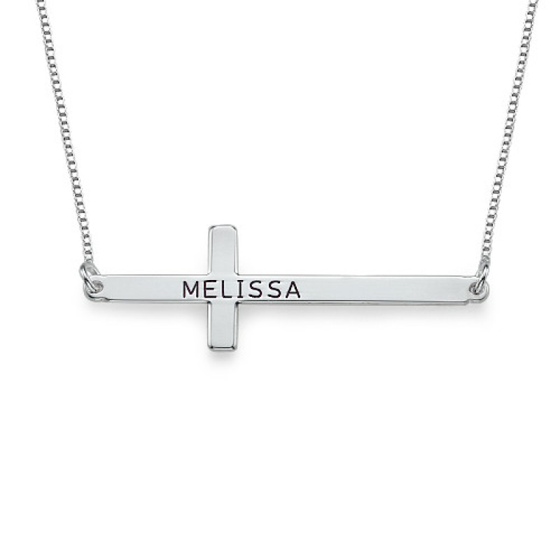 Engraved Silver Sideways Cross Necklace Engraved silver sideways cross necklace with horizontal cross pendant