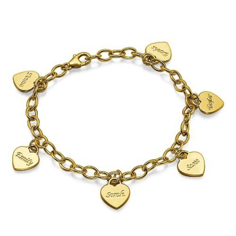 Gold plated heart charm bracelet with personalised pendants on a link chain