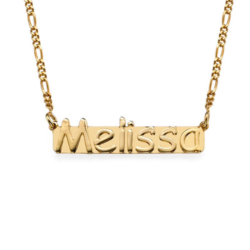 Gold plated sterling silver nameplate necklace with raised personalised lettering